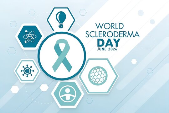 World scleroderma day design featuring a teal awareness ribbon symbol surrounded by various medical icons inside hexagonal frames arranged on a light blue background to promote global health conscious