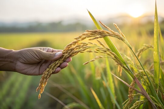 Farmer holds a ripe stalk of golden rice grains in his hand to check the quality of the harvest during a beautiful sunset in the field showing the dedication and hard work involved in sustainable agri