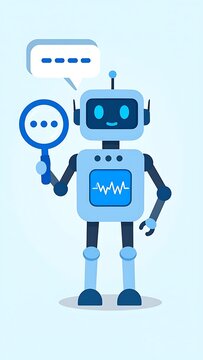 Robot Holding Magnifying Glass and Speech Bubble.