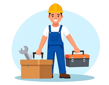 Smiling worker with tool box and tools.