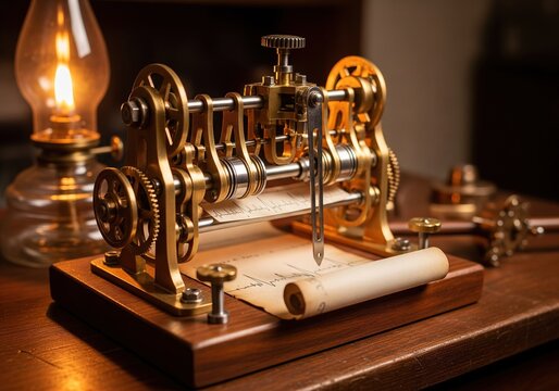 Ornate brass steampunk telegraph machine printing on paper, lit by an oil lamp