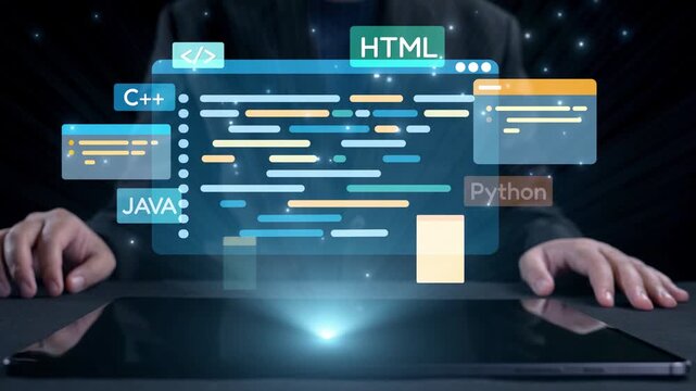 Futuristic digital coding interface showcasing various programming languages. This visual representation highlights technology and creativity in software development. Qubit