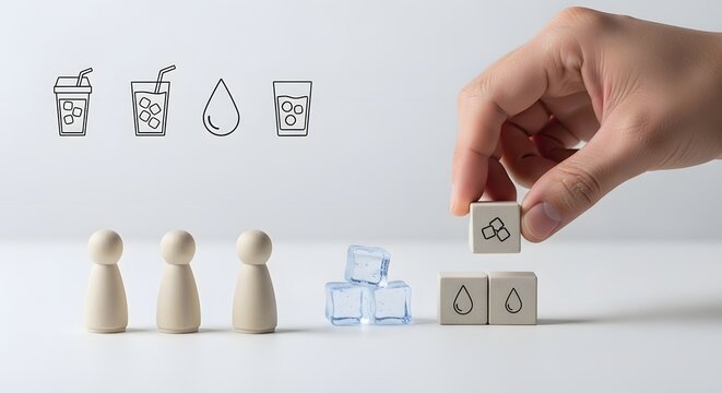 Hand holding cube with fresh berries and drink icons, representing healthy beverage choices near ice and wooden figures