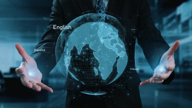A businessman presents a digital globe surrounded by various language labels, representing global communication and connectivity in a modern office setting. Qubit