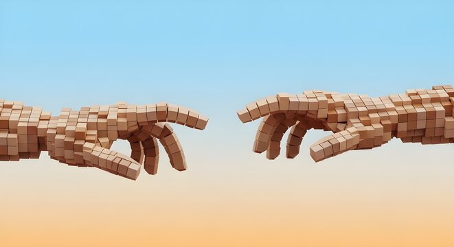 Digital Creation Concept: Two Voxel Pixelated Hands Reaching Out to Touch on Gradient Background