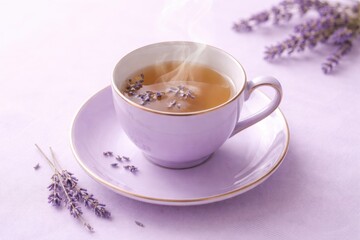 Fototapeta premium Steaming cup of lavender tea with fresh flowers and gentle steam rising