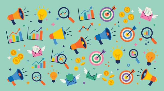 Digital marketing concept with megaphone lightbulb graph target coins and flying envelopes on a light green background