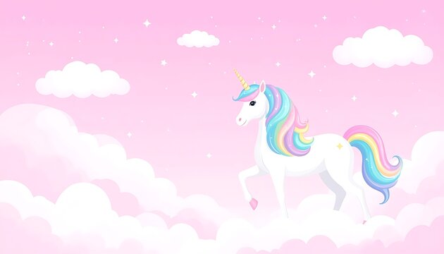 Whimsical Unicorn in Pink Cloudy Sky.