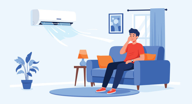 Comfortable man sitting on a blue sofa in a living room enjoying the cool air blowing from a wall mounted air conditioning unit.