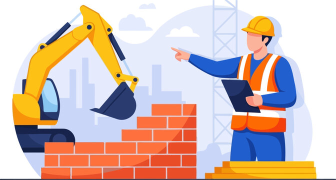 Construction supervisor pointing at excavator and brick wall vector can Editable