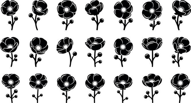 Collection of black stylized anemone flowers with buds on white background, floral