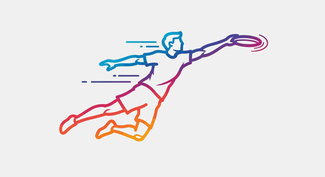 Dynamic athlete jumping to catch frisbee, colorful outline, motion blur, ultimate frisbee sport