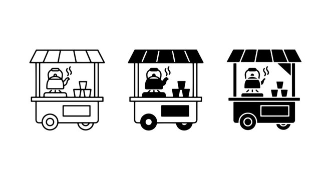 Street Food Cart Icons, Hot Beverage Vending, Mobile Kitchen Vector Set