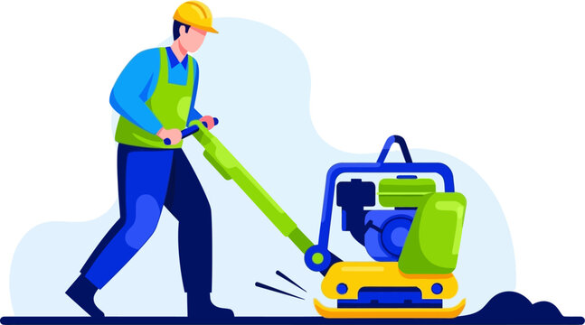 Laborer operating a vibratory plate compactor for soil stabilization at building site vector can Editable