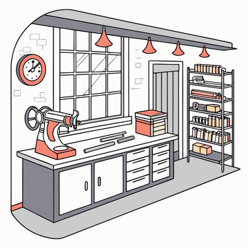 Hand drawn workshop interior illustration with workbench industrial machinery shelving units and wall clock workshop industrial interior workbench illustration manufacturing business lighting