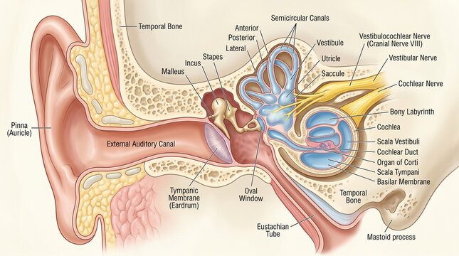 Human Ear Anatomy Medical Illustration.