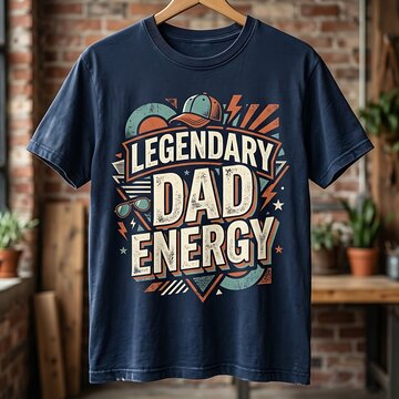 Retro graphic t-shirt design featuring legendary dad energy text with stylized sunset shape.