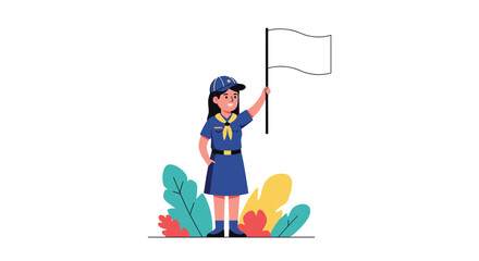 Obraz premium Young girl scout in a neat blue uniform holds a white flag while standing among colorful stylized autumn leaves and plants.