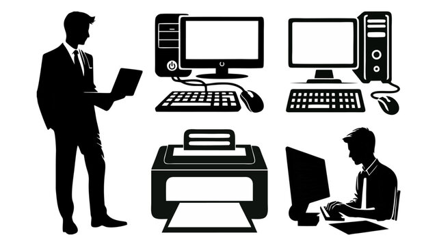 businessman working on computer printer computer setup clipart set