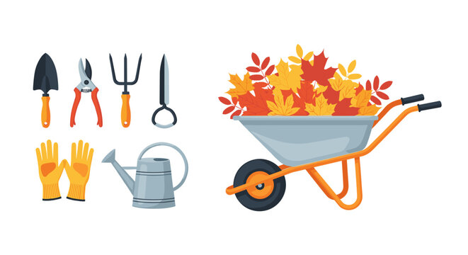 Autumn gardening tools collection and wheelbarrow filled with colorful fallen leaves representing seasonal yard work