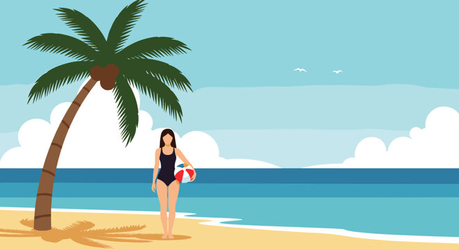 Attractive woman in a black swimsuit poses on a sandy beach next to a palm tree while holding a colorful beach ball.