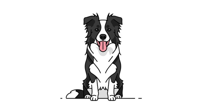 Happy border collie dog sitting front view tongue out alert expression cartoon style clean white background vector