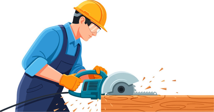 Woodworker cutting a timber plank with an electric circular saw and safety gear vector can Editable