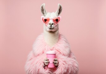 Fototapeta premium Glamorous llama wearing heart-shaped sunglasses and a fluffy pink coat, holding a pink coffee cup