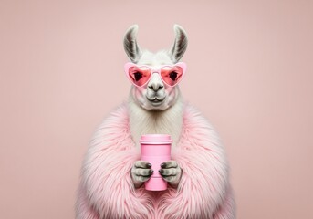 Fototapeta premium Cute llama wearing pink heart sunglasses and fluffy boa holding a coffee cup