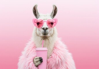 Fototapeta premium A funny llama wearing heart-shaped sunglasses and a pink fluffy boa holding a pink cup with a straw