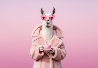 Fototapeta premium Fashionable llama wearing heart sunglasses and pink coat, holding a cup of coffee