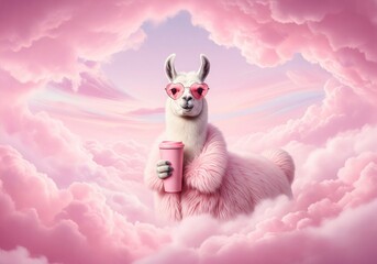 Fototapeta premium Whimsical llama wearing heart-shaped sunglasses holds a pink coffee cup in fluffy pink clouds