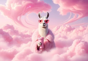 Fototapeta premium Whimsical llama wearing heart sunglasses and pink fur coat holding coffee cup in pink clouds