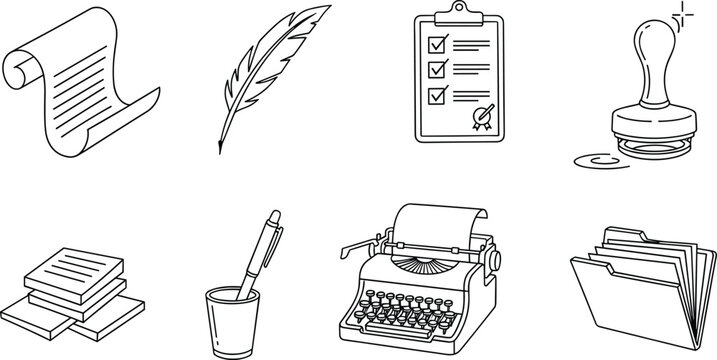 Vintage Office Tools Icon Set Featuring Scrolls, Quill Pens, Typewriters, Stamps, Folders, and Notebooks for Office, Writing, and Historical Designs