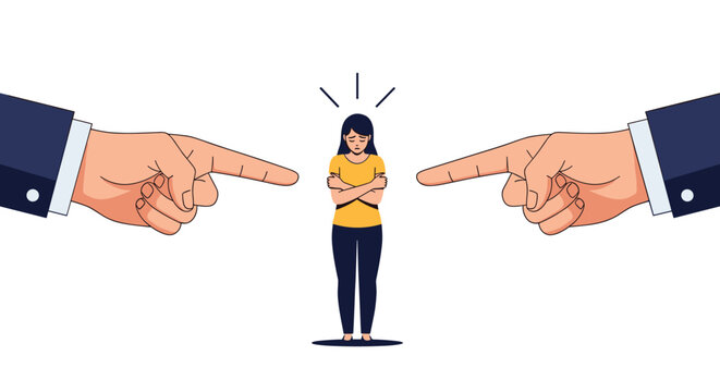 Sad woman feels pressured and bullied as two giant hands point fingers at her in a judgmental way against a plain background.