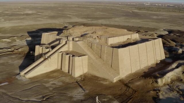  Ancient ziggurat temple rising from desert landscape viewed from above. Archaeological site representing early civilization, religious architecture and historical heritage. 