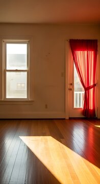 Sunlit Room Interior with Window and Red Curtain.