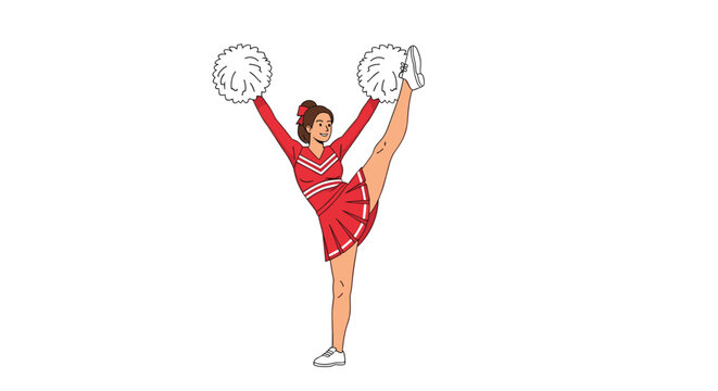 Energetic cheerleader in a red and white uniform performs a high leg kick while holding white fluffy pom-poms.