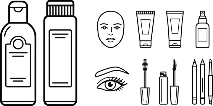 Beauty and cosmetic line icon set with skincare bottles mascara eyeliner tubes female face vector illustration