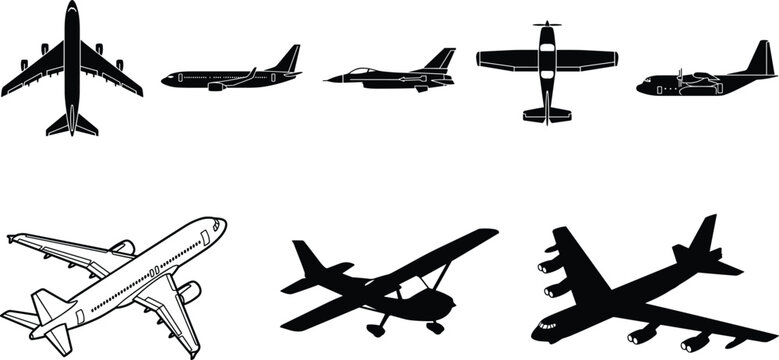 Collection of airplane silhouettes set including passenger jet fighter aircraft cargo plane and propeller airplane isolated vector illustration