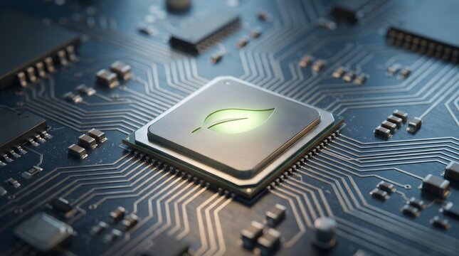 Green leaf logo on futuristic circuit board chip
