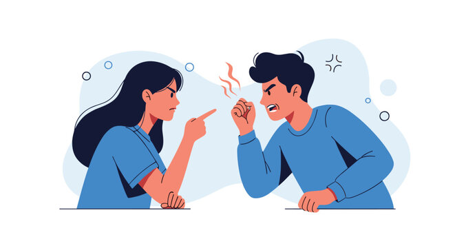 Angry young couple having a heated argument and shouting at each other while gesturing aggressively during a relationship conflict situation.