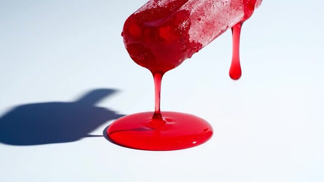 A refreshing treat with a vibrant red color is melting on a bright white surface, casting a shadow