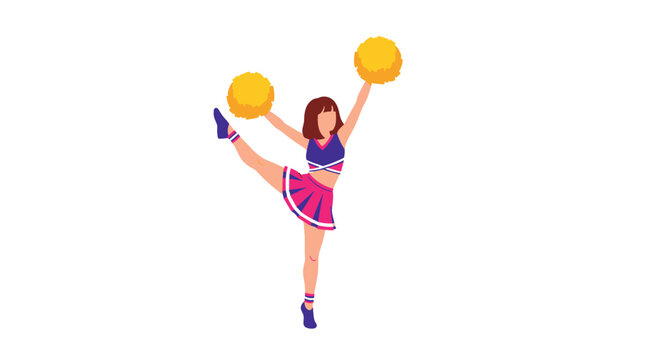 Energetic cheerleader in a purple and pink uniform performing a high kick and holding yellow pom-poms during a sports event or dance.