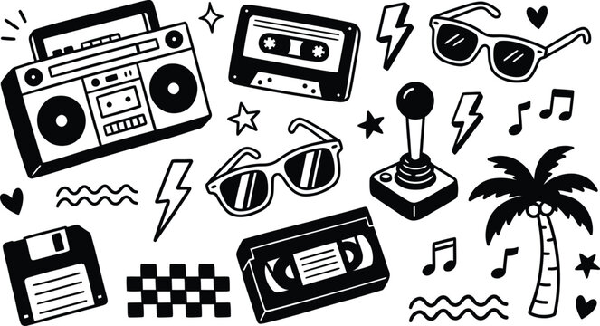 Set of black doodle 90s theme items vector illustration, collection of music and entertainment related signs on transparent background.