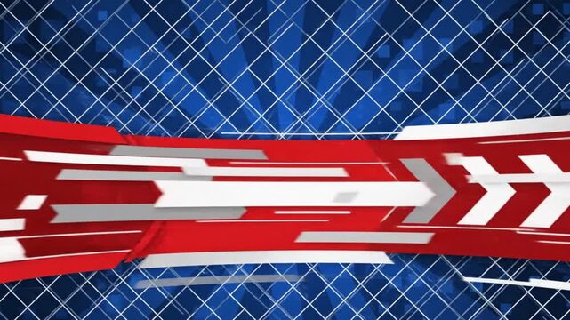A fast-paced motion graphics animation featuring red directional arrows and sleek graphic elements sweeping across a blue grid background, conveying speed, navigation, and modern broadcast-style trans