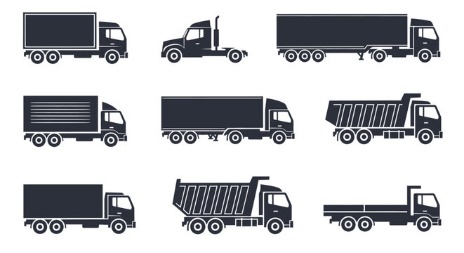 Set of nine dark gray truck icons on a white background