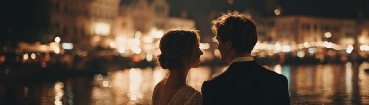 Night newlywed couple river celebration wedding romance city bokeh silhouette bride groom
