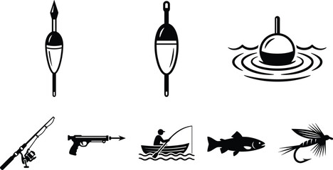 Fishing equipment silhouettes set including bobber rod lure fish and angler boat isolated vector icons collection © MdShah