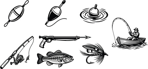 Fishing gear and angling equipment illustration set with rod float lure fish and fisherman boat vintage style © MdShah